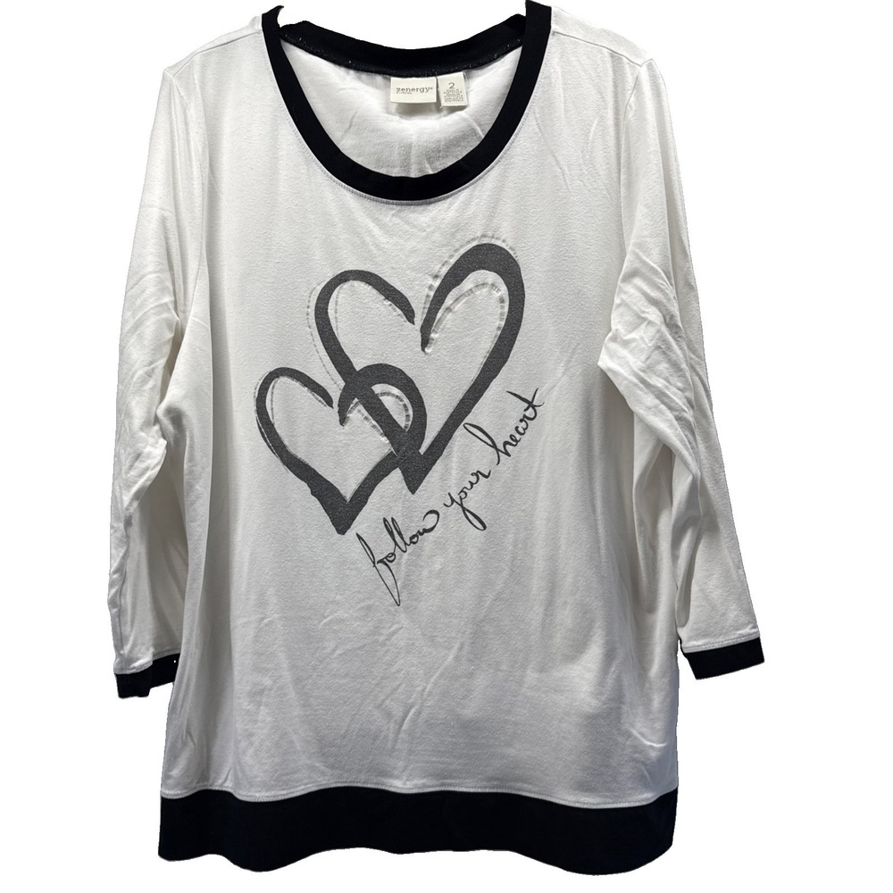 Chicos Zenergy Womens Top Size Large Black Gray White Hearts 3/4 Sleeve Pullover